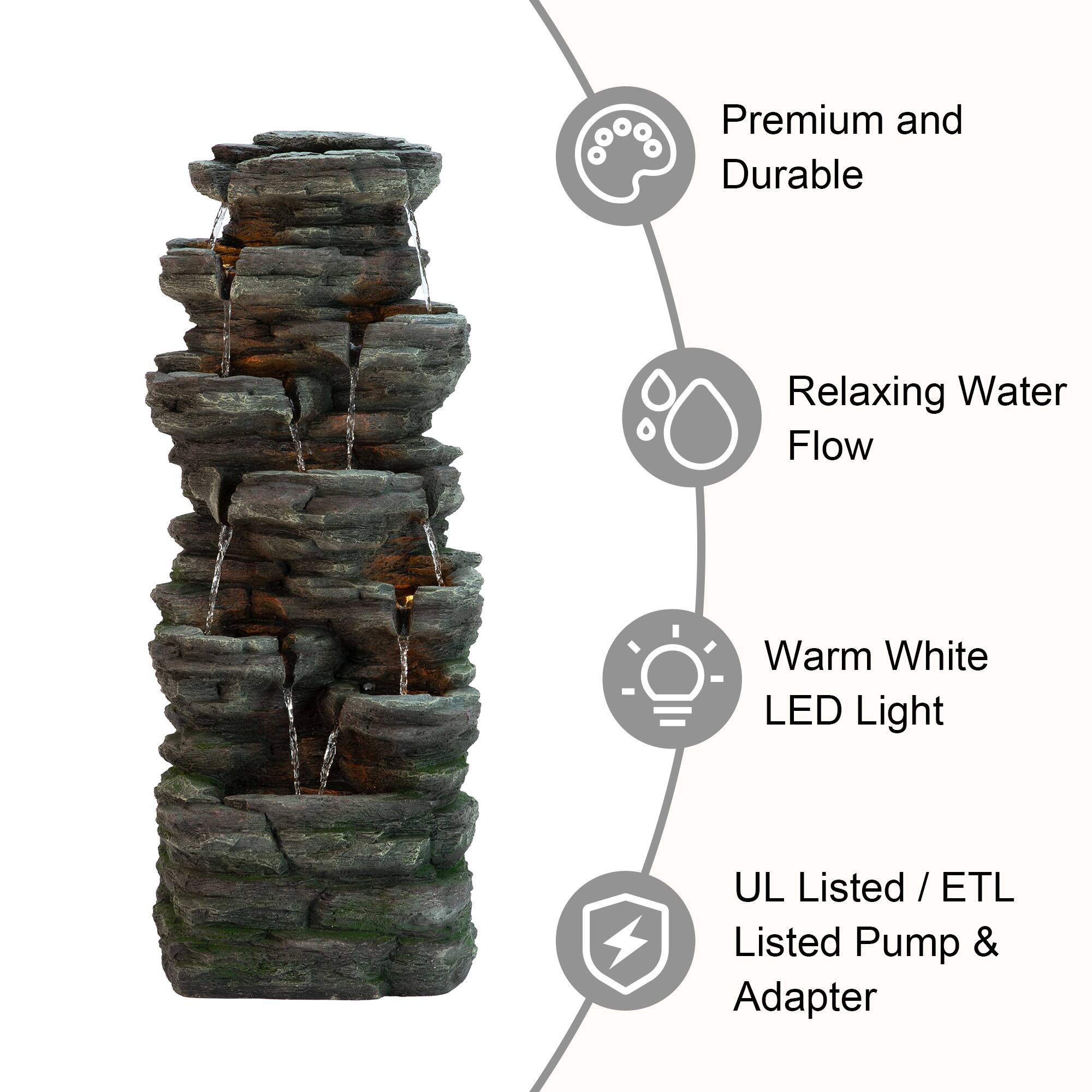 Glitzhome® 39.25" LED 9-Tier Cascading Rock Polyresin Outdoor Fountain